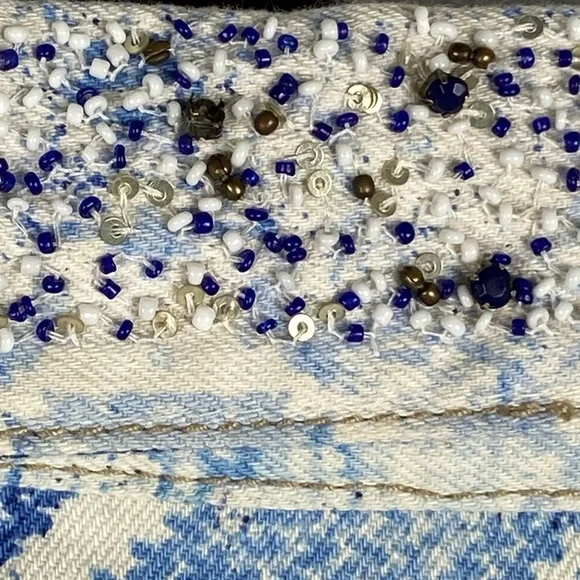 Chico's beaded artisan mixed-print cropped denim jacket blue & white Sz 2 (L/12) - Picture 7 of 15
